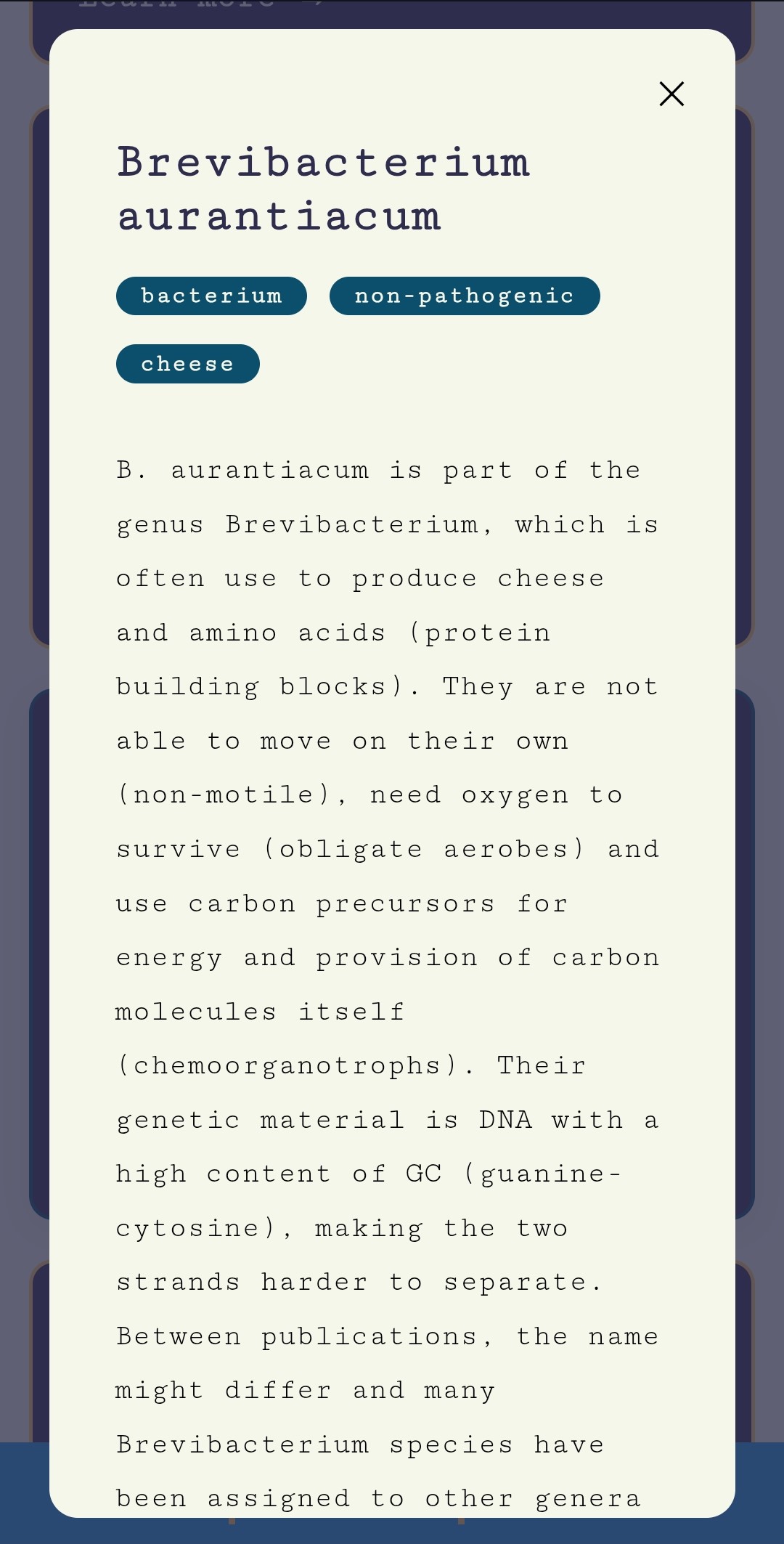 mHub screenshot of microbe library (information about B. aurantiacum)